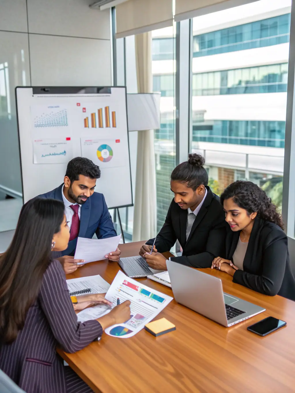 A professional photo of a diverse team of financial advisors in a modern office setting, smiling and engaged in a discussion, symbolizing expertise and collaboration.